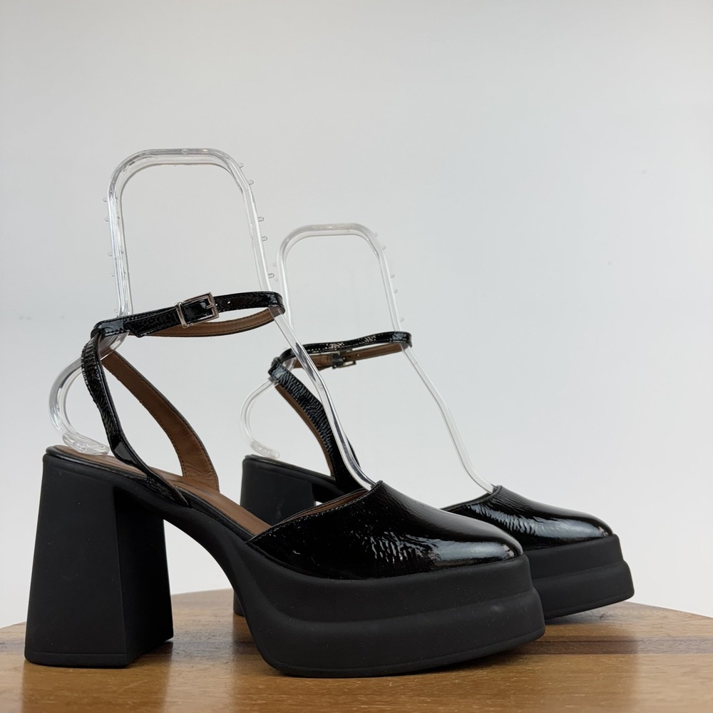 New Womens Free People Double Stack Black Patent Leather Platform Pumps Sz 39.5